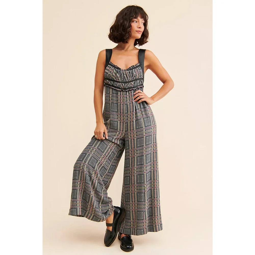 New Free People Marley Plaid One-Piece Wide Leg Jumpsuit $188 X-SMALL